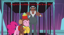Size: 1279x718 | Tagged: safe, artist:nukarulesthehouse1, edit, edited screencap, screencap, lord tirek, pinkie pie, g4, school raze, cage, caption, clothes, costume, cruel and unusual punishment, cymbal monkey, cymbals, eye twitch, funny, grammar error, musical instrument, torture