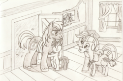 Size: 1500x981 | Tagged: safe, artist:pageturner1988, apple bloom, applejack, big macintosh, granny smith, earth pony, pony, g4, apple family, bandage, cute, female, filly, foal, grayscale, group, hug, male, mare, monochrome, newbie artist training grounds, pencil drawing, quartet, reunion, stallion, teary eyes, traditional art