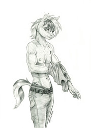 Size: 950x1329 | Tagged: safe, artist:baron engel, sandbar, earth pony, anthro, g4, abs, clothes, grayscale, male, monochrome, muscles, nipples, nudity, partial nudity, pencil drawing, simple background, sketch, solo, stupid sexy sandbar, topless, traditional art, white background