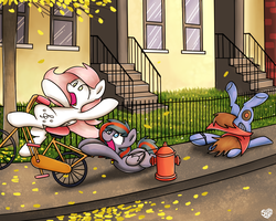 Size: 1280x1024 | Tagged: safe, artist:sugar morning, oc, oc only, oc:bizarre song, oc:doge, oc:sugar morning, pegasus, pony, bicycle, brick wall, face down ass up, faceplant, falling, falling leaves, female, fence, fire hydrant, grass, leaves, male, mare, open mouth, road, scenery, stairs, stallion, sugarre, tree, tripping, window