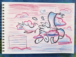 Size: 1280x960 | Tagged: safe, artist:shoeunit, rainbow dash, pegasus, pony, g4, clothes, cloud, colored pencil drawing, female, hoodie, ink drawing, mare, solo, traditional art