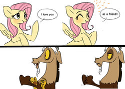 Size: 1400x1000 | Tagged: safe, artist:dilandau203, discord, fluttershy, draconequus, pegasus, pony, g4, bait and switch, blushing, comic, dialogue, disappointed, female, floppy ears, friendzone, happy, heart bulge, heart pounding, heartbreak, love, male, mare, one sided shipping, raised hoof, ship:discoshy, shipping, shipping denied, simple background, smiling, speech bubble, spread wings, straight, white background, wings