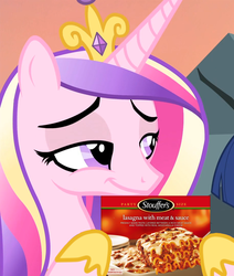 Size: 914x1080 | Tagged: safe, edit, edited screencap, screencap, princess cadance, pony, g4, three's a crowd, cropped, female, food, holding, lasagna, meat, meme, pasta, ponies eating meat, smiling, smirk, smug, solo