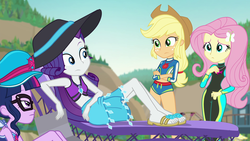 Size: 1920x1080 | Tagged: safe, screencap, applejack, fluttershy, rarity, sci-twi, twilight sparkle, equestria girls, equestria girls specials, g4, my little pony equestria girls: better together, my little pony equestria girls: forgotten friendship, applejack's hat, beach chair, captain hat, chair, clothes, cowboy hat, feet, female, flip-flops, fluttershy's wetsuit, geode of fauna, geode of shielding, geode of super strength, geode of telekinesis, hat, magical geodes, rarity's blue sarong, rarity's purple bikini, sandals, sarong, sun hat, swimsuit, wetsuit