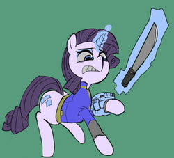 Size: 1100x1000 | Tagged: safe, artist:baigak, rarity, pony, unicorn, g4, clothes, crossover, cutie mark, fallout, female, glowing horn, green background, hooves, horn, jumpsuit, levitation, machete, magic, mare, pipbuck, simple background, solo, telekinesis, vault suit, weapon