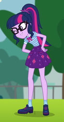 Size: 406x769 | Tagged: safe, screencap, sci-twi, twilight sparkle, equestria girls, equestria girls specials, g4, my little pony equestria girls: better together, my little pony equestria girls: forgotten friendship, clothes, cropped, female, geode of telekinesis, glasses, magical geodes, one eye closed, ponytail, shoes, skirt, smiling, socks, wink