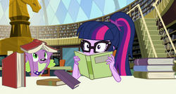 Size: 1392x746 | Tagged: safe, screencap, sci-twi, spike, spike the regular dog, twilight sparkle, dog, equestria girls, equestria girls specials, g4, my little pony equestria girls: better together, my little pony equestria girls: forgotten friendship, book, cropped, duo, library