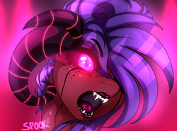 Size: 1376x1019 | Tagged: safe, artist:aaa-its-spook, oc, oc only, oc:cirice, demon pony, monster pony, angry, fangs, female, glowing eyes, horns, lipstick, solo