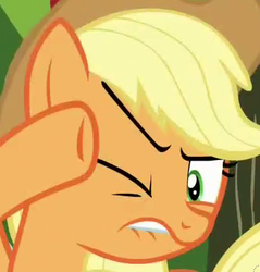Size: 795x830 | Tagged: safe, screencap, applejack, earth pony, pony, g4, applejack's hat, cowboy hat, disgusted, female, hat, lip bite, mare, one eye closed, reaction image, solo