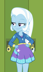 Size: 544x911 | Tagged: safe, screencap, trixie, equestria girls, equestria girls specials, g4, my little pony equestria girls: better together, my little pony equestria girls: forgotten friendship, canterlot high, clothes, cropped, cute, diatrixes, female, hallway, hand on hip, hoodie, lidded eyes, lockers, mirrored, raised eyebrow, skirt, solo