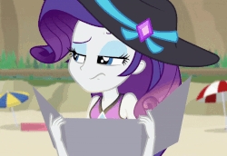 Size: 800x551 | Tagged: safe, screencap, rarity, equestria girls, equestria girls specials, g4, my little pony equestria girls: better together, my little pony equestria girls: forgotten friendship, animated, beach, belly button, clothes, cropped, eyeroll, female, gif, hat, rarity is not amused, rarity's purple bikini, sand, solo, swimsuit, tanning mirror, umbrella, unamused