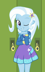 Size: 557x890 | Tagged: safe, screencap, trixie, equestria girls, equestria girls specials, g4, my little pony equestria girls: better together, my little pony equestria girls: forgotten friendship, canterlot high, clothes, cropped, cute, diatrixes, dress, female, hallway, hoodie, lockers, one eye closed, skirt, solo, wink