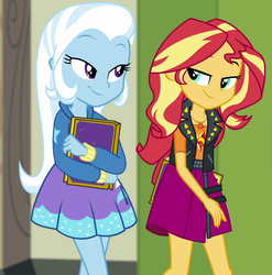Size: 1062x1073 | Tagged: safe, screencap, sunset shimmer, trixie, equestria girls, equestria girls specials, g4, my little pony equestria girls: better together, my little pony equestria girls: forgotten friendship, canterlot high, clothes, cropped, cute, diatrixes, duo, female, geode of empathy, hallway, hoodie, lidded eyes, magical geodes, skirt