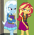 Size: 1062x1073 | Tagged: safe, screencap, sunset shimmer, trixie, equestria girls, equestria girls series, forgotten friendship, g4, canterlot high, clothes, cropped, cute, diatrixes, duo, female, geode of empathy, hallway, hoodie, lidded eyes, magical geodes, skirt