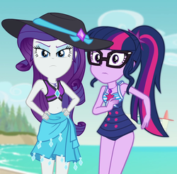 Size: 1022x1004 | Tagged: safe, screencap, rarity, sci-twi, twilight sparkle, equestria girls, equestria girls series, forgotten friendship, g4, beach, belly button, bikini, clothes, cropped, duo, duo female, female, geode of empathy, geode of shielding, geode of sugar bombs, geode of super speed, geode of super strength, geode of telekinesis, glasses, hat, looking at you, magical geodes, midriff, ponytail, rarity is not amused, rarity's blue sarong, rarity's purple bikini, sarong, sci-twi swimsuit, selfie drone, sun hat, swimsuit, unamused