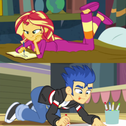 Size: 2048x2048 | Tagged: safe, screencap, flash sentry, sunset shimmer, a banner day, equestria girls, equestria girls specials, g4, my little pony equestria girls: better together, my little pony equestria girls: forgotten friendship, my little pony equestria girls: friendship games, comparison, high res, tongue out