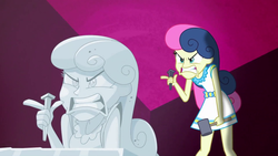 Size: 1920x1080 | Tagged: safe, screencap, bon bon, sweetie drops, all's fair in love & friendship games, equestria girls, g4, my little pony equestria girls: friendship games, angry, bon bon is not amused, bust, chisel, craft, female, sculpture, solo, unamused