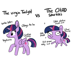 Size: 1950x1650 | Tagged: safe, artist:tjpones, twilight sparkle, alicorn, pony, sparkles! the wonder horse!, g4, chad, derp, ear fluff, featured image, female, frown, implied cannibalism, implied princess celestia, know the difference, mare, meme, parody, raised hoof, simple background, smiling, sparkles, terrorist, twilight sparkle (alicorn), vegetarian, virgin, virgin walk, white background, wide eyes