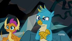 Size: 1920x1080 | Tagged: safe, screencap, gallus, smolder, dragon, griffon, g4, what lies beneath, angry, beak, crossed arms, discovery family, discovery family logo, dragoness, duo, female, gallus is not amused, logo, male, spread wings, wings