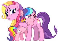 Size: 1100x788 | Tagged: dead source, safe, artist:awoomarblesoda, rainbow flash (g4), rainbow harmony, pegasus, pony, unicorn, g4, duo, duo female, female, filly, foal, headcanon, hug, mare, rainbow hair, siblings, simple background, sisters, transparent background