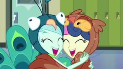 Size: 1920x1080 | Tagged: safe, screencap, bon bon, lyra heartstrings, sweetie drops, human, all's fair in love & friendship games, equestria girls, g4, my little pony equestria girls: friendship games, adorabon, animal costume, bird costume, bon owl, clothes, costume, cute, duo, duo female, eyes closed, female, happy, hug, laughing, lesbian, lyrabetes, lyrabird, nuzzling, open mouth, owl costume, peacock costume, ship:lyrabon, shipping, smiling