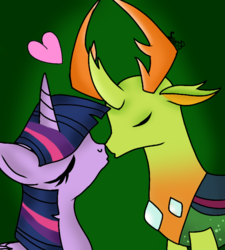 Size: 621x691 | Tagged: safe, artist:hanayuri-chan, thorax, twilight sparkle, alicorn, changedling, changeling, pony, g4, antlers, eyes closed, female, green background, heart, imminent kissing, king thorax, kissing, male, shipping, signature, simple background, straight, twilight sparkle (alicorn), twirax
