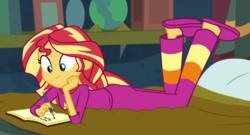 Size: 737x399 | Tagged: safe, screencap, sunset shimmer, equestria girls, equestria girls series, forgotten friendship, g4, clothes, cropped, female, pajamas, solo