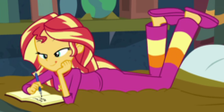 Size: 654x328 | Tagged: safe, screencap, sunset shimmer, equestria girls, equestria girls series, forgotten friendship, g4, clothes, cropped, female, pajamas, solo, tongue out