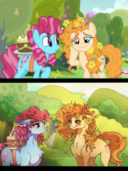 Size: 2986x3996 | Tagged: safe, artist:marbola, cup cake, pear butter, earth pony, pony, g4, the perfect pear, best friends, blushing, cake, chest fluff, chiffon swirl, female, flower, flower in hair, food, friends, high res, mare, scene interpretation, smiling
