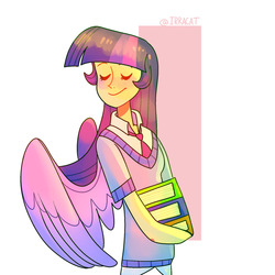 Size: 1280x1280 | Tagged: safe, artist:1racat, twilight sparkle, human, g4, book, eyes closed, female, humanized, smiling, solo, winged humanization, wings