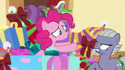 Size: 1280x720 | Tagged: safe, screencap, gummy, limestone pie, pinkie pie, earth pony, pony, g4, my little pony best gift ever, duo, duo female, female, present, siblings, sisters