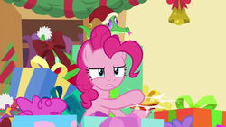 Size: 1280x720 | Tagged: safe, screencap, gummy, pinkie pie, g4, my little pony best gift ever, christmas, hat, holiday, present, santa hat