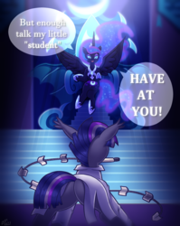 Size: 1194x1500 | Tagged: safe, artist:vavacung, nightmare moon, oc, oc:night blade, alicorn, pony, unicorn, g4, butt, castlevania, castlevania: symphony of the night, clothes, crown, dialogue, female, flowing mane, horn, plot, reference, regalia, sword, sword whip, throne, weapon, what is a man, whip, wings