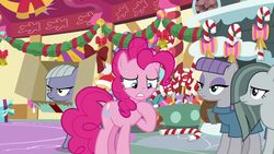 Size: 1280x720 | Tagged: safe, screencap, limestone pie, marble pie, maud pie, pinkie pie, g4, my little pony best gift ever, candy, candy cane, food