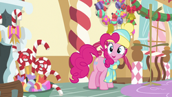 Size: 1280x720 | Tagged: safe, screencap, pinkie pie, earth pony, pony, g4, my little pony best gift ever, candy, candy cane, clothes, female, food, hat, mare, open mouth, scarf, solo, winter outfit