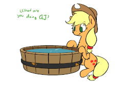 Size: 1080x720 | Tagged: safe, artist:yipsy, applejack, earth pony, pony, g4, animated, animated in description, caption, cute, daaaaaaaaaaaw, female, gif, gif with captions, jackabetes, mare, no pupils, pun, silly, silly pony, sitting, solo, tub, water, who's a silly pony