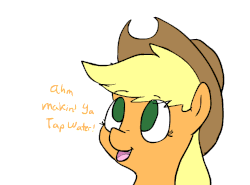 Size: 883x652 | Tagged: safe, artist:yipsy, applejack, earth pony, pony, g4, animated, animated in description, barely animated, caption, female, frame by frame, gif, gif with captions, mare, no pupils, silly, silly pony, solo, squigglevision, who's a silly pony
