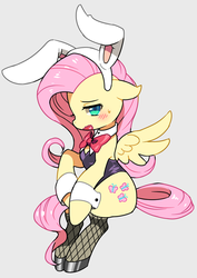 Size: 600x849 | Tagged: safe, artist:kabosu, fluttershy, pegasus, pony, g4, blushing, bowtie, bunny ears, clothes, female, fishnet stockings, mare, solo, stockings, thigh highs