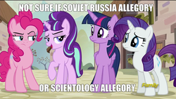Size: 1920x1080 | Tagged: safe, edit, edited screencap, screencap, pinkie pie, rarity, starlight glimmer, twilight sparkle, alicorn, pony, g4, the cutie map, discussion in the comments, image macro, meme, s5 starlight, text, twilight sparkle (alicorn)