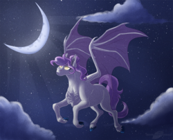 Size: 1134x915 | Tagged: safe, artist:bijutsuyoukai, oc, oc only, bat pony, pony, bat pony oc, cloud, crescent moon, female, flying, mare, moon, night, solo, transparent moon, unshorn fetlocks