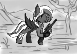 Size: 1024x724 | Tagged: safe, artist:ladycookie, oc, oc only, oc:lilac mist, bat pony, pony, fallout equestria, bandage, bat pony oc, bat wings, clothes, fanfic, fanfic art, female, grayscale, gun, hooves, jumpsuit, mare, monochrome, optical sight, rifle, simple background, sniper rifle, solo, vault suit, weapon, wings