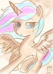 Size: 752x1063 | Tagged: safe, artist:ladycookie, princess celestia, alicorn, pony, g4, flying, looking at you, sepia, simple background