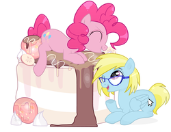 Size: 4681x3610 | Tagged: safe, artist:sattar_ych, pinkie pie, oc, oc:cloud cuddler, pegasus, pony, g4, cake, cutie mark, eyes closed, female, food, glasses, mouse cursor, one eye closed, open mouth, pegasus oc, simple background, solo, teeth, white background, ych result