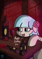 Size: 752x1063 | Tagged: safe, artist:ladycookie, coco pommel, earth pony, pony, g4, alcohol, anniversary, bags under eyes, drunk, flower, flower in hair, glass, go home you're drunk, happy birthday, leaning on table, lonely, speech, wine, wine bottle, wine glass