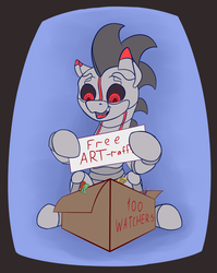 Size: 1505x1888 | Tagged: safe, artist:rubiont, oc, oc only, oc:rubiont, pony, robot, robot pony, advertisement, art raffle, box, free art, macro/micro, milestone, pony in a box, raffle