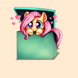 Size: 3200x3200 | Tagged: safe, artist:miokomata, fluttershy, pegasus, pony, g4, box, cute, female, flutterbox, freckles, heart, high res, mare, pony in a box, shyabetes, solo, unshorn fetlocks