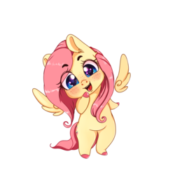 Size: 1024x1024 | Tagged: safe, artist:miokomata, fluttershy, pegasus, pony, g4, bipedal, blushing, chibi, colored hooves, cute, female, floating wings, freckles, head tilt, hoof on chin, looking at you, mare, shyabetes, simple background, smiling, transparent background, wings