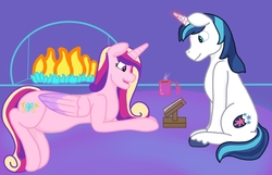 Size: 2100x1350 | Tagged: safe, artist:krumpcakes, princess cadance, shining armor, alicorn, pony, unicorn, g4, and that's how flurry heart was made, book, female, fireplace, husband and wife, magic, male, mare, married couple, pregdance, pregnant, stallion, telekinesis