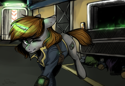 Size: 5100x3500 | Tagged: safe, artist:ognifireheart, oc, oc only, oc:littlepip, earth pony, pony, unicorn, fallout equestria, clothes, cutie mark, fallout, fanfic, fanfic art, female, fight, floppy ears, glowing horn, hooves, horn, jacket, jumpsuit, magic, male, mare, one eye closed, pipbuck, signature, solo focus, stallion, telekinesis, vault suit