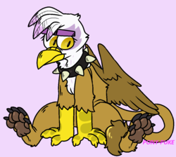 Size: 1063x951 | Tagged: safe, artist:pony-puke, gilda, griffon, g4, choker, collar, female, lidded eyes, paw pads, paws, simple background, sitting, solo, spiked choker, spiked collar, toe beans, underpaw